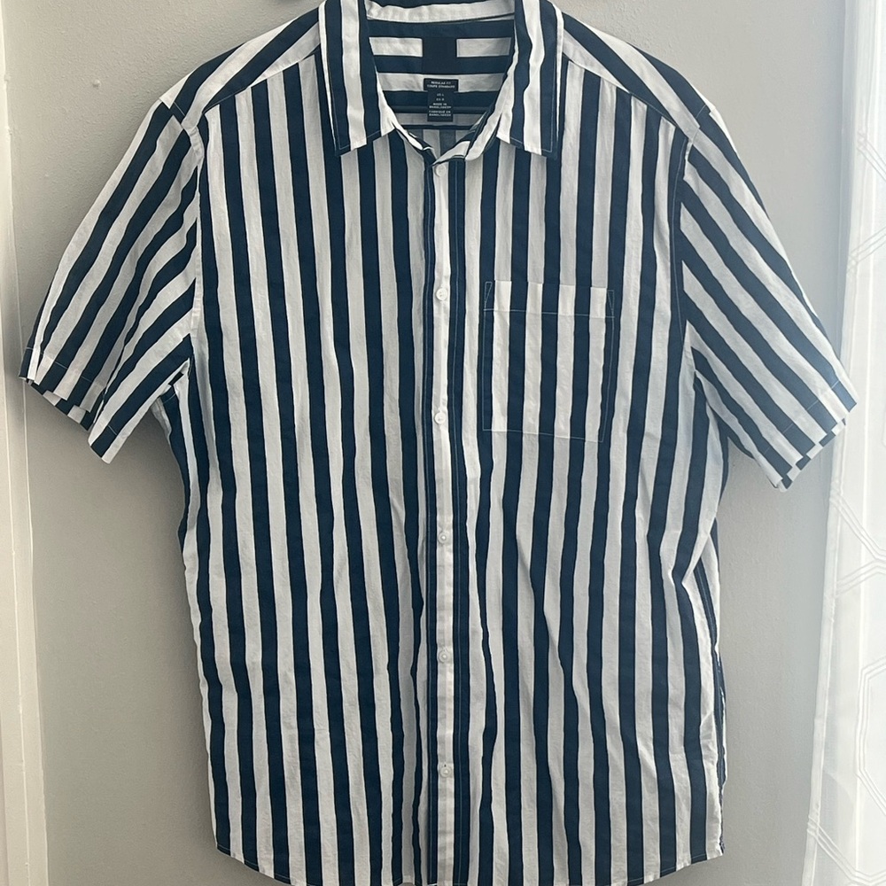H&M Regular Fit Striped Cotton Button-Up Shirt Sz L